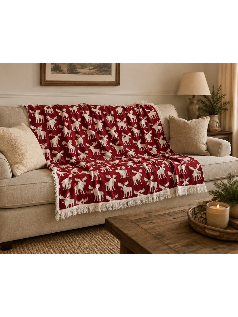 Docofil Moose Christmas Blanket Reversible Throw Red White Made in Portugal